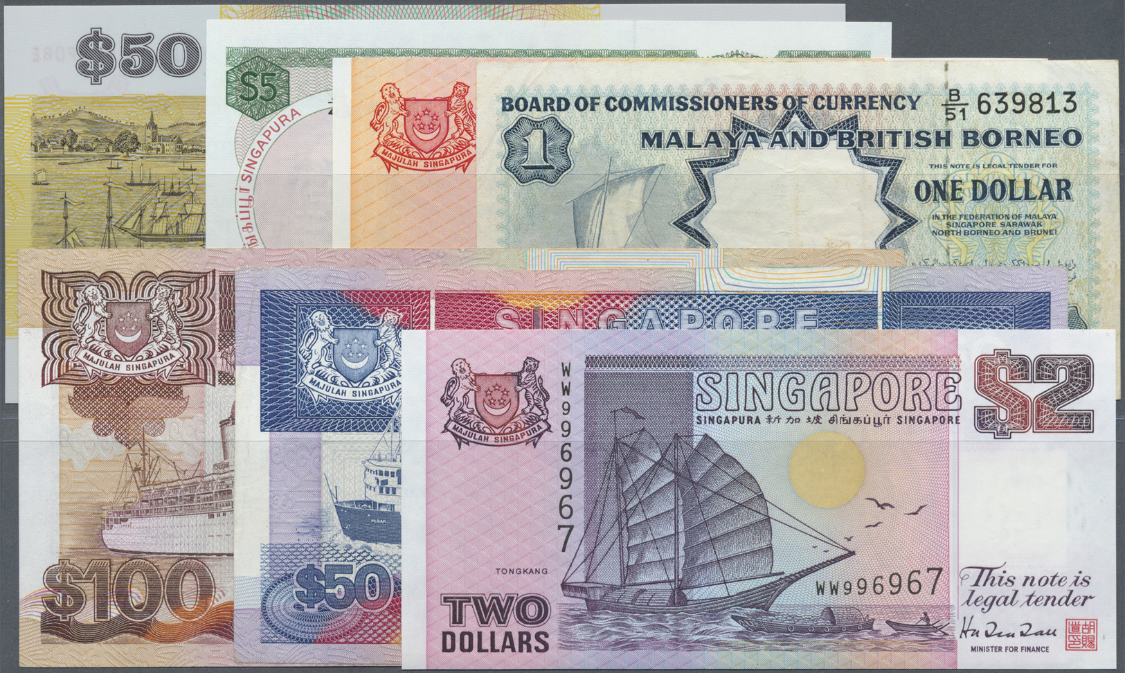 02909 Singapore / Singapur: Set Of 13 Mostly Different Banknotes Containing 50 Dollars Polymer 1990 (UNC), 1 Dollar Orch - Singapour