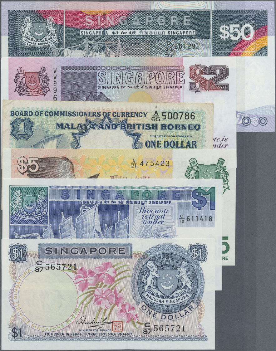 02909 Singapore / Singapur: Set Of 13 Mostly Different Banknotes Containing 50 Dollars Polymer 1990 (UNC), 1 Dollar Orch - Singapour