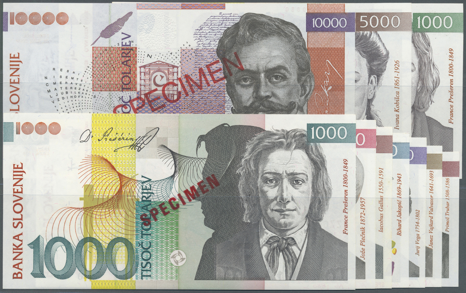 02910 Slovakia / Slovakei: Set Of 6 Specimen Notes From 10 To 10.000 Tolarjev (1992-1997) In Condition: AUNC / UNC. (6 P - Slovaquie