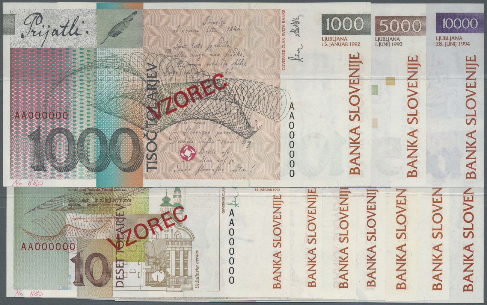 02910 Slovakia / Slovakei: Set Of 6 Specimen Notes From 10 To 10.000 Tolarjev (1992-1997) In Condition: AUNC / UNC. (6 P - Slovaquie