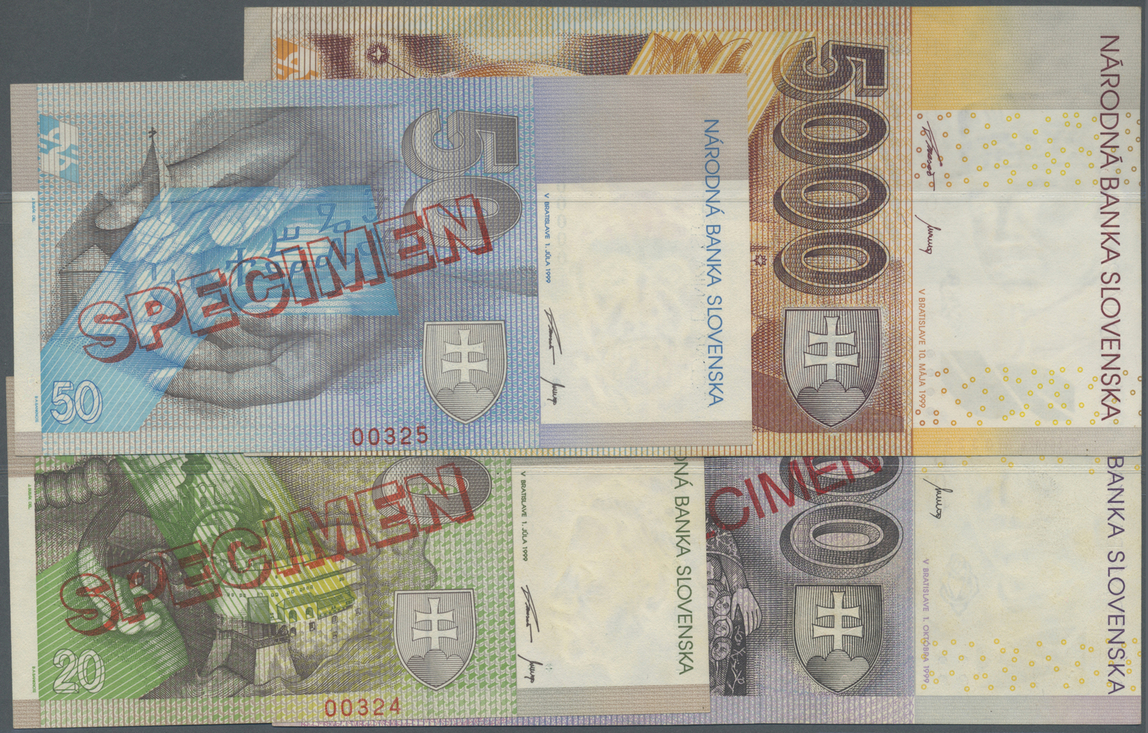 02913 Slovakia / Slovakei: Set Of 4 Specimen Notes Containing 20, 50, 1000 And 5000 Korun 1999 P. 20s, 21s, 32s, 33s, Th - Slovaquie