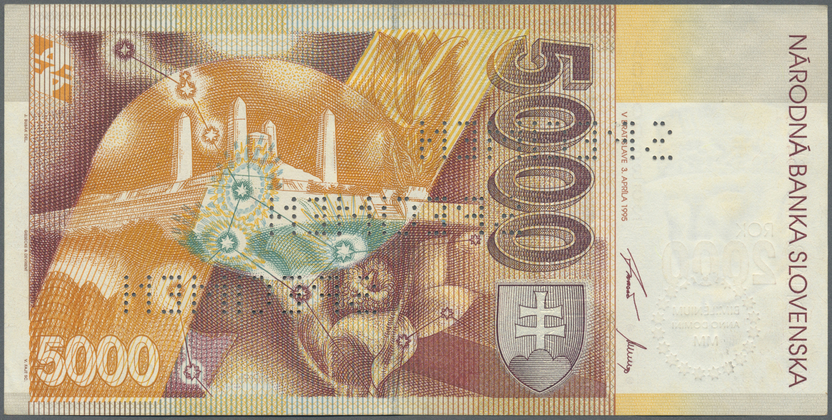 02916 Slovakia / Slovakei: 5000 Korun Commemorative Issue 2000 P. 40s With Regular Serial Number And Specimen Perforatio - Slovaquie