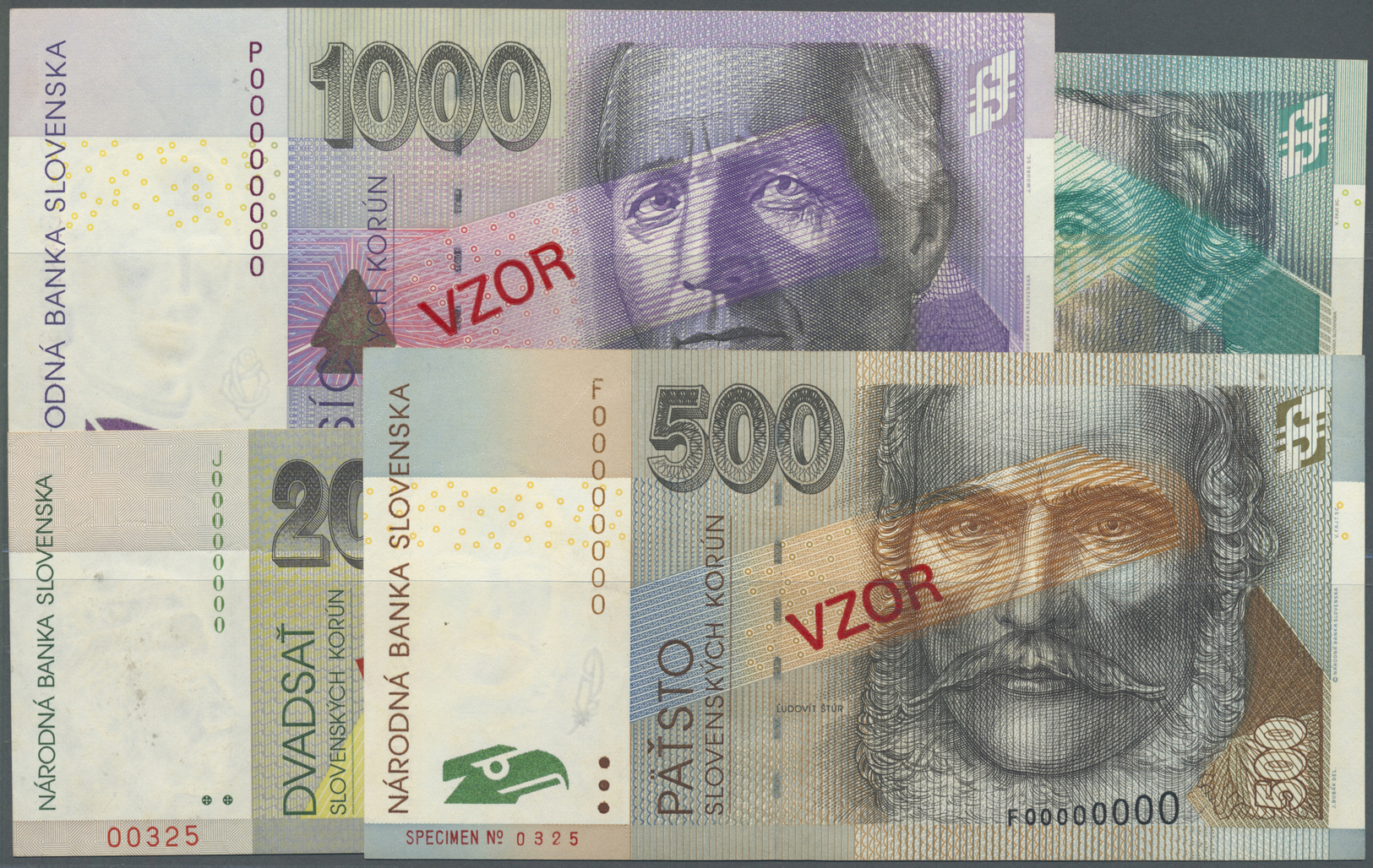 02917 Slovakia / Slovakei: Set Of 4 Specimen Notes Containing 20 Korun 2001(VF), 200 Korun 2002 (aUNC), 500 Korun 2000 ( - Slovaquie