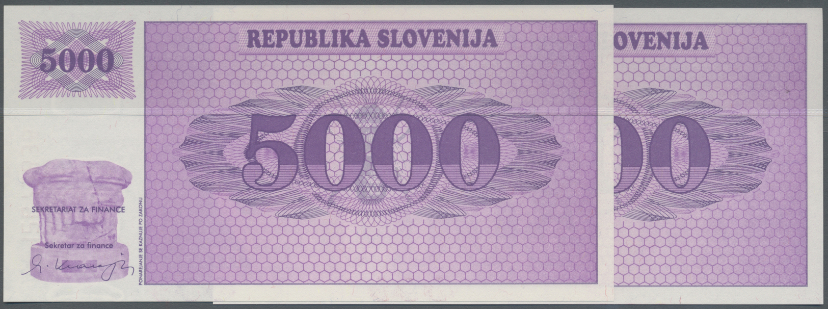 02919 Slovenia / Slovenien: Set Of 2 Consecutive Notes With Specimen Overprint 5000 Tolarjev 1992 P. 10, Both In Conditi - Slovénie