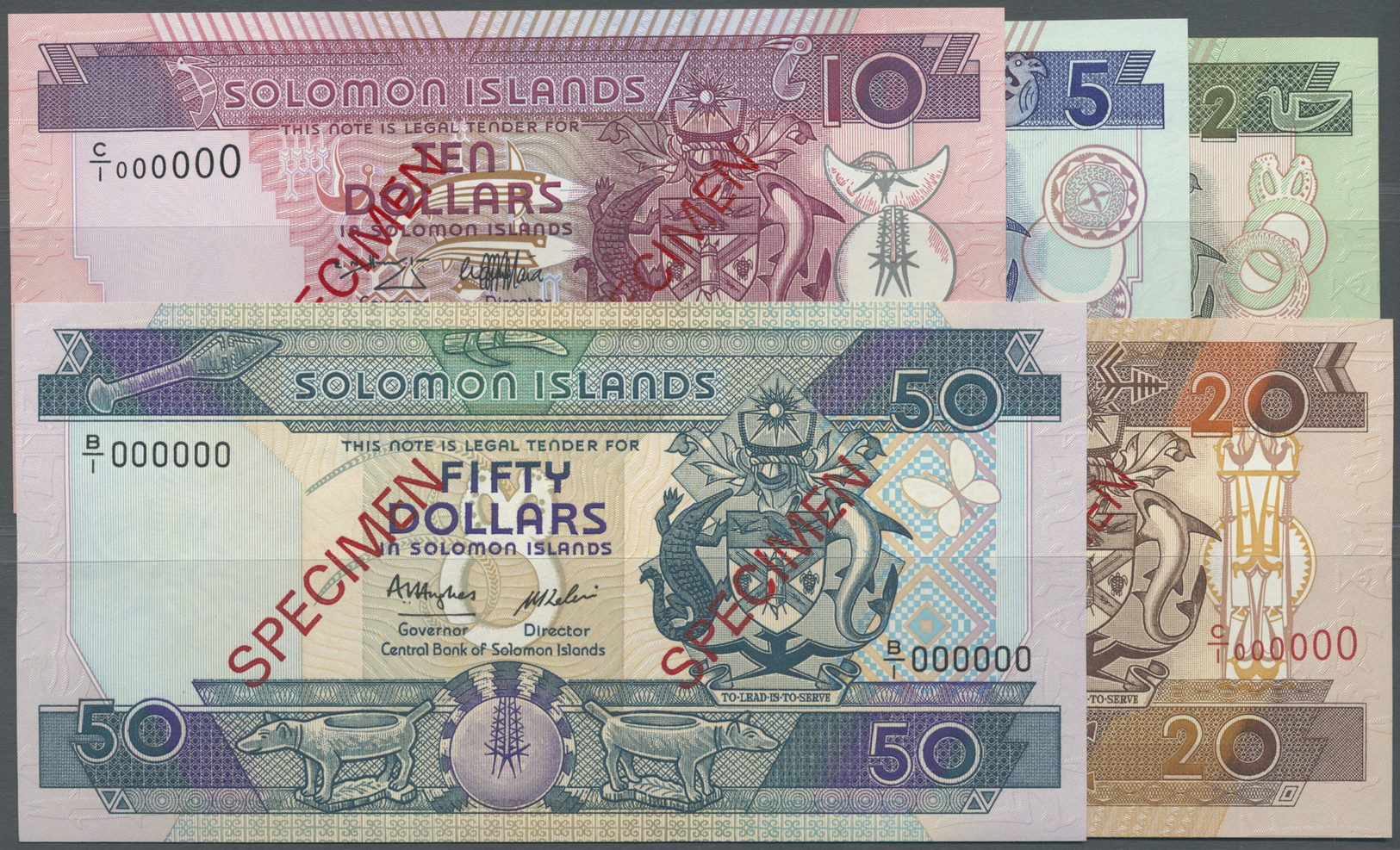 02921 Solomon Islands: Complete Set Of 5 Pcs From 2 To 50 Dollars ND P. 18s-22s All Specimen With Zero Serial Numbers In - Salomons