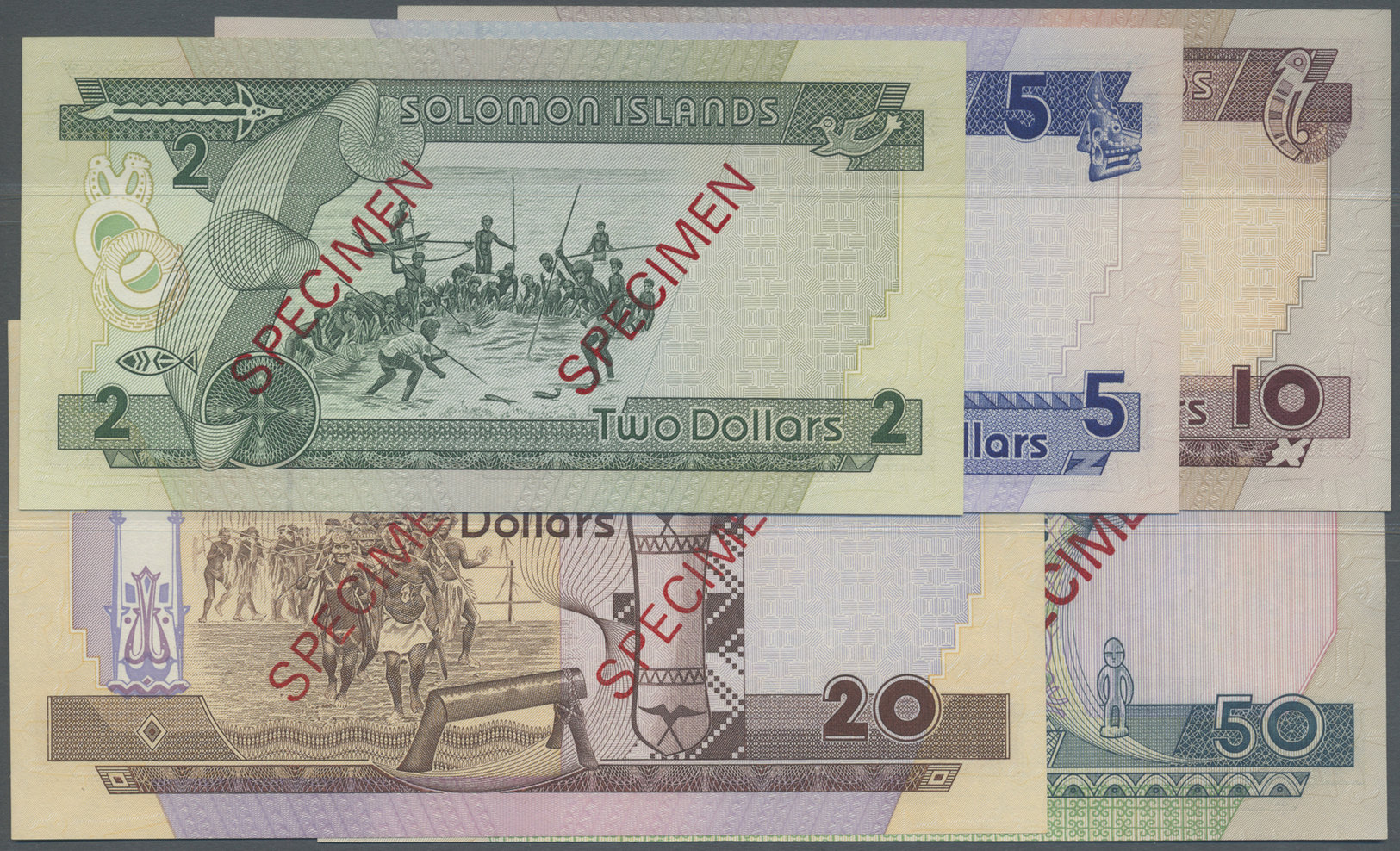 02921 Solomon Islands: Complete Set Of 5 Pcs From 2 To 50 Dollars ND P. 18s-22s All Specimen With Zero Serial Numbers In - Salomons