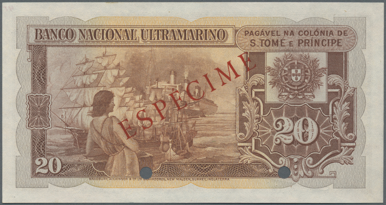02835 Saint Thomas & Prince / Sao Tome E Principe: 20 Escudos 1946 Specimen P. 32s, 2 Cancellation Holes, Red Specimen O - Sao Tomé Et Principe