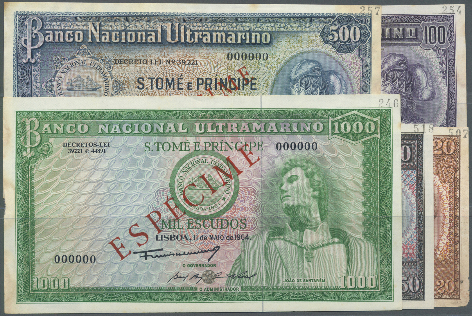 02837 Saint Thomas & Prince / Sao Tome E Principe: Set Of 5 Specimen Notes From 20 To 1000 Escudos 1956/1958 & 1964, The - Sao Tomé Et Principe