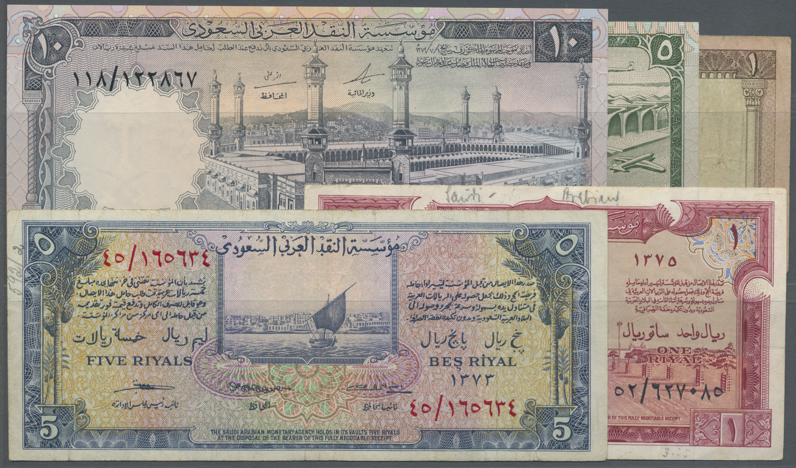 02839 Saudi Arabia  / Saudi Arabien: Nice Set With 5 Banknotes  Containing 1 And 5 Riyal Series 1954-56, 1 Riyal Series - Arabie Saoudite