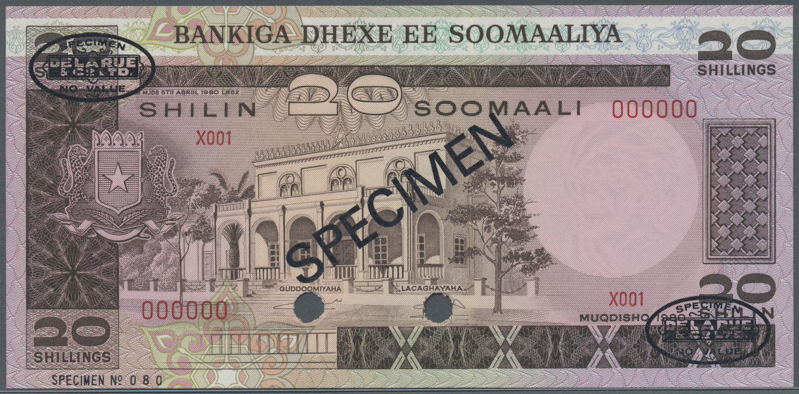 02932 Somalia: 20 Shillings 1980 Specimen P. 27s In Condition: UNC. - Somalie