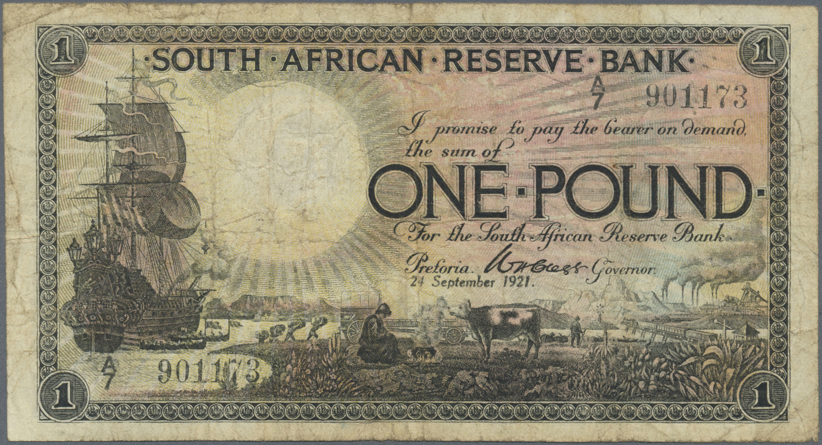 02942 South Africa / Südafrika: 1 Pound 1921 P. 75, Used With Several Folds And Stain In Paper, Borders A Bit Worn, Mino - Afrique Du Sud