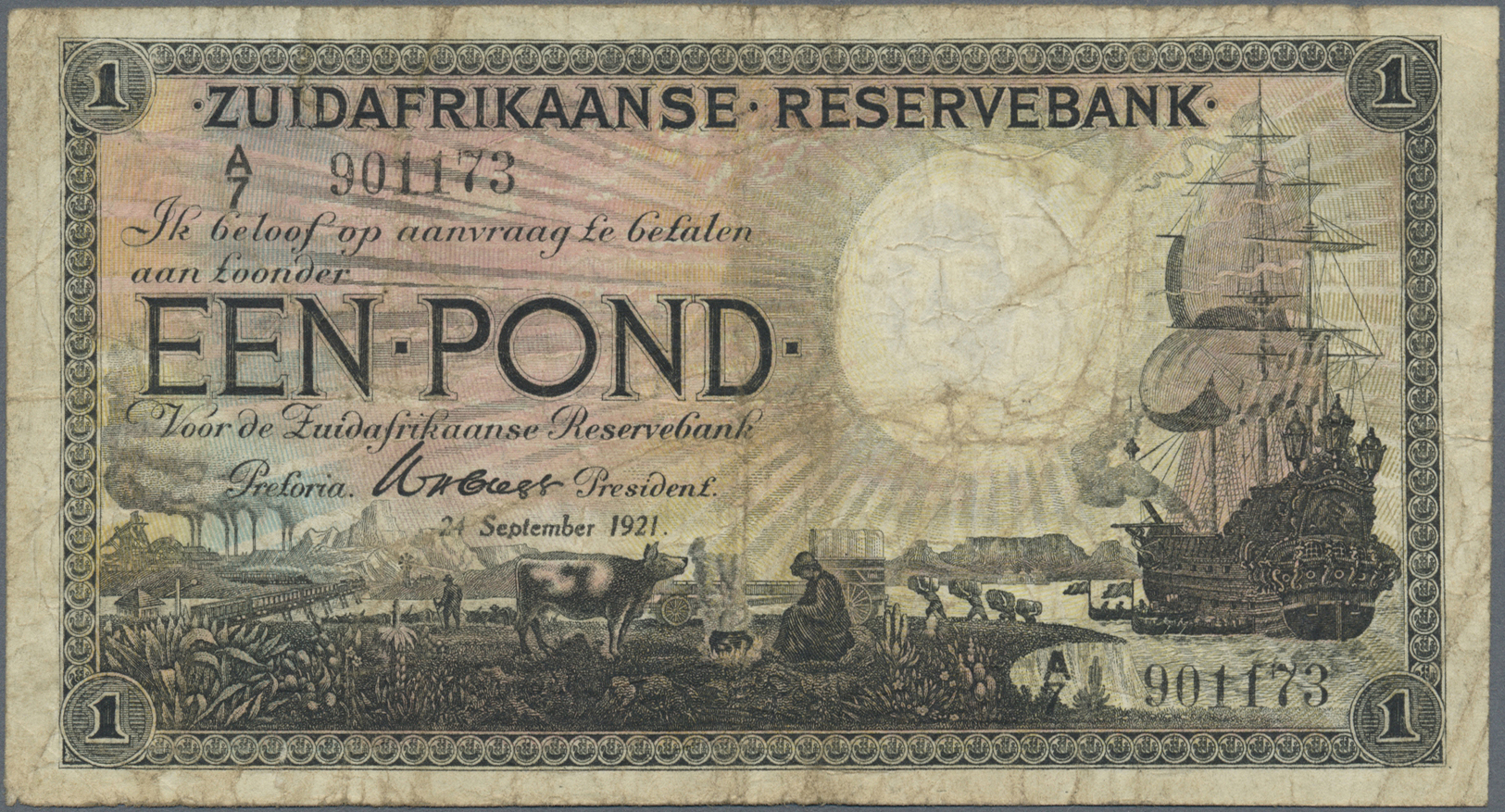 02942 South Africa / Südafrika: 1 Pound 1921 P. 75, Used With Several Folds And Stain In Paper, Borders A Bit Worn, Mino - Afrique Du Sud