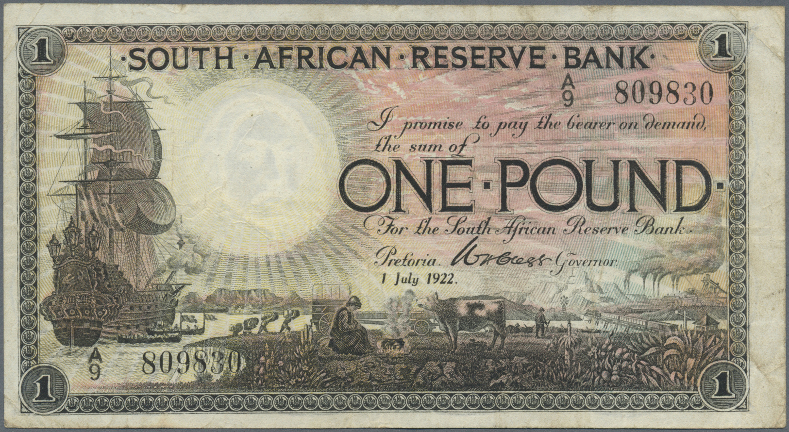 02944 South Africa / Südafrika: 1 Pound 1922 P. 75, Used With Folds, Creases And Stain In Paper, No Holes Or Tears, Cond - Afrique Du Sud