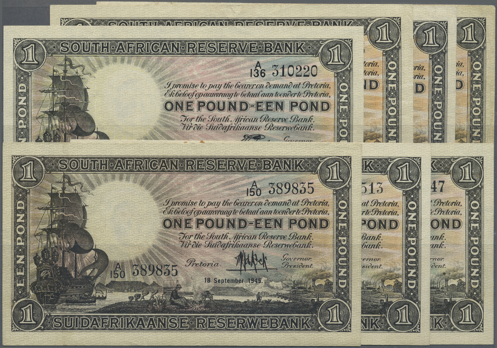 02947 South Africa / Südafrika: Set Of 7 Notes Of 1 Pound P. 84 Containing Dates 1x 1941, 1x 1942, 2x 1943, 1x 1944 And - Afrique Du Sud