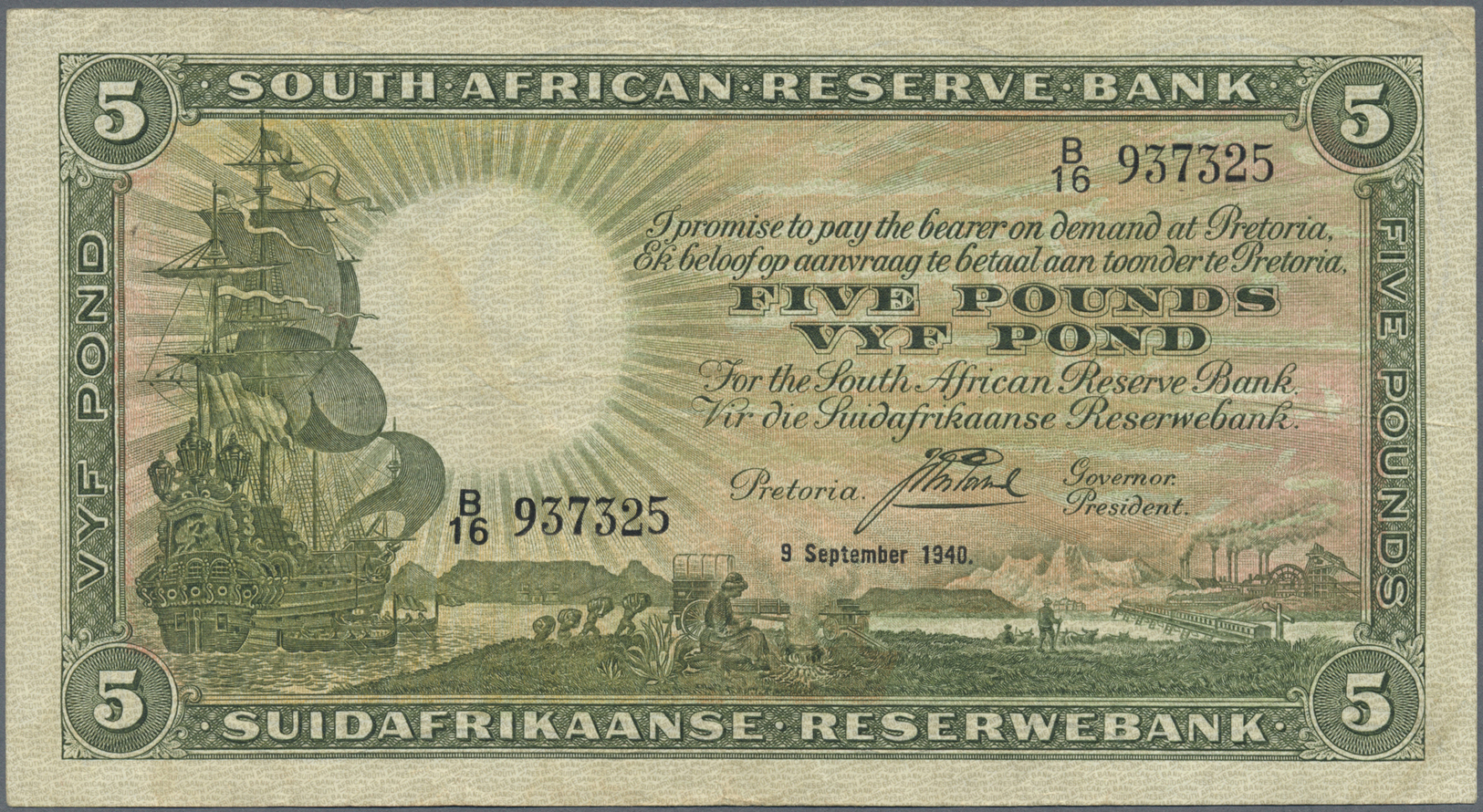 02948 South Africa / Südafrika: 5 Pounds 1940 P. 86, Used With Folds And Creases But No Holes Or Tears, Still Strongness - Afrique Du Sud