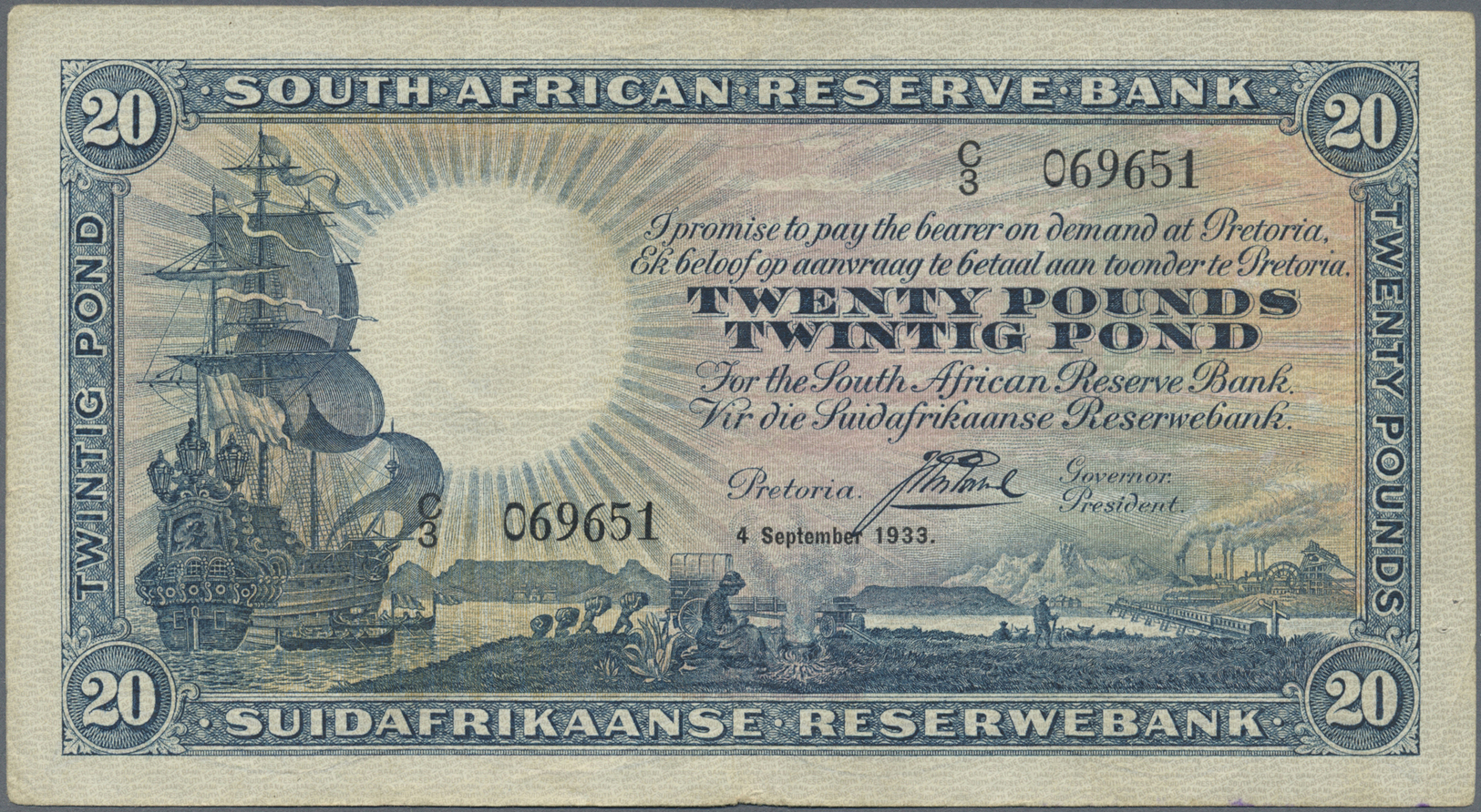 02952 South Africa / Südafrika: 20 Pounds 1933 P. 88, Rarely Seen Denomination Of This Series, Used With Folds, 2 Pinhol - Afrique Du Sud