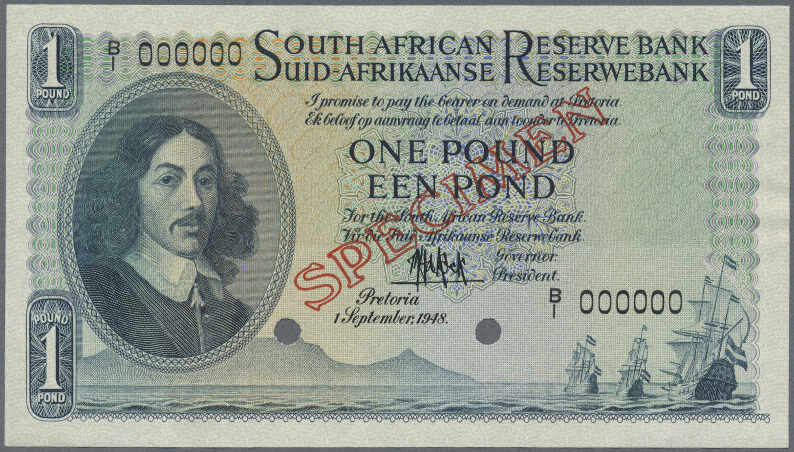 02955 South Africa / Südafrika: 1 Pound September 1st 1948 SPECIMEN, P.92as, Slightly Wavy Paper, Otherwise Perfect: AUN - Afrique Du Sud