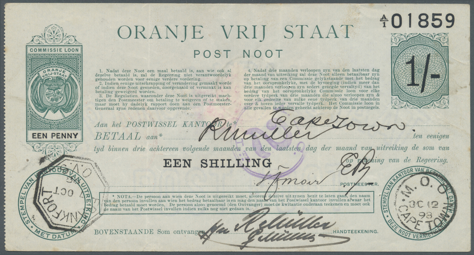 02962 South Africa / Südafrika: Oranje Frij Staat, 1 Shilling 1900 P. S681a, Vertically Folded, Pinholes, Stamp On Back, - Afrique Du Sud