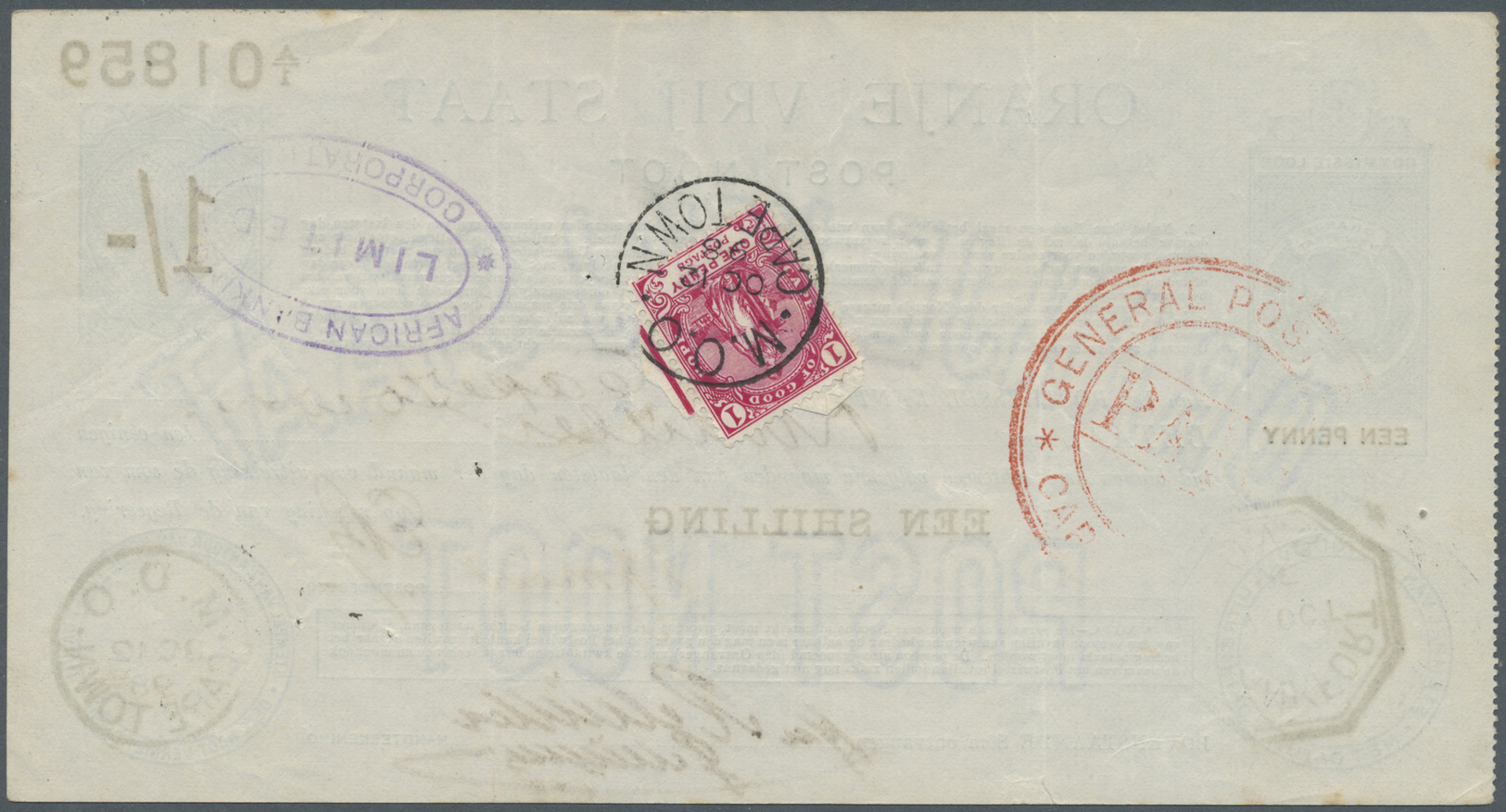 02962 South Africa / Südafrika: Oranje Frij Staat, 1 Shilling 1900 P. S681a, Vertically Folded, Pinholes, Stamp On Back, - Afrique Du Sud