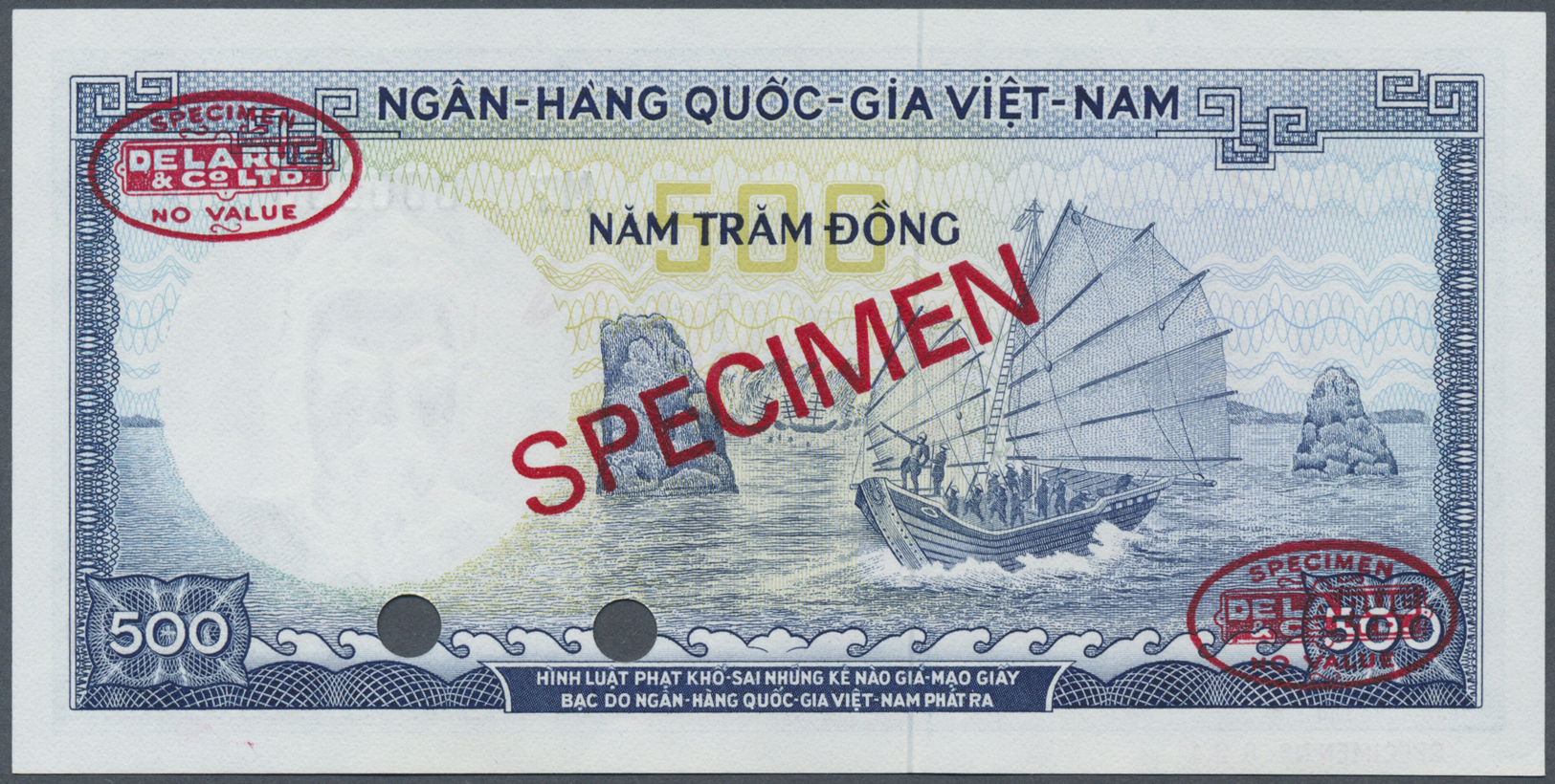 02968 South Vietnam / Süd Vietnam: 500 Dong ND(1964-66) Specimen P. 23s, 2 Cancellation Holes, Specimen Overprint And Ze - Viêt-Nam