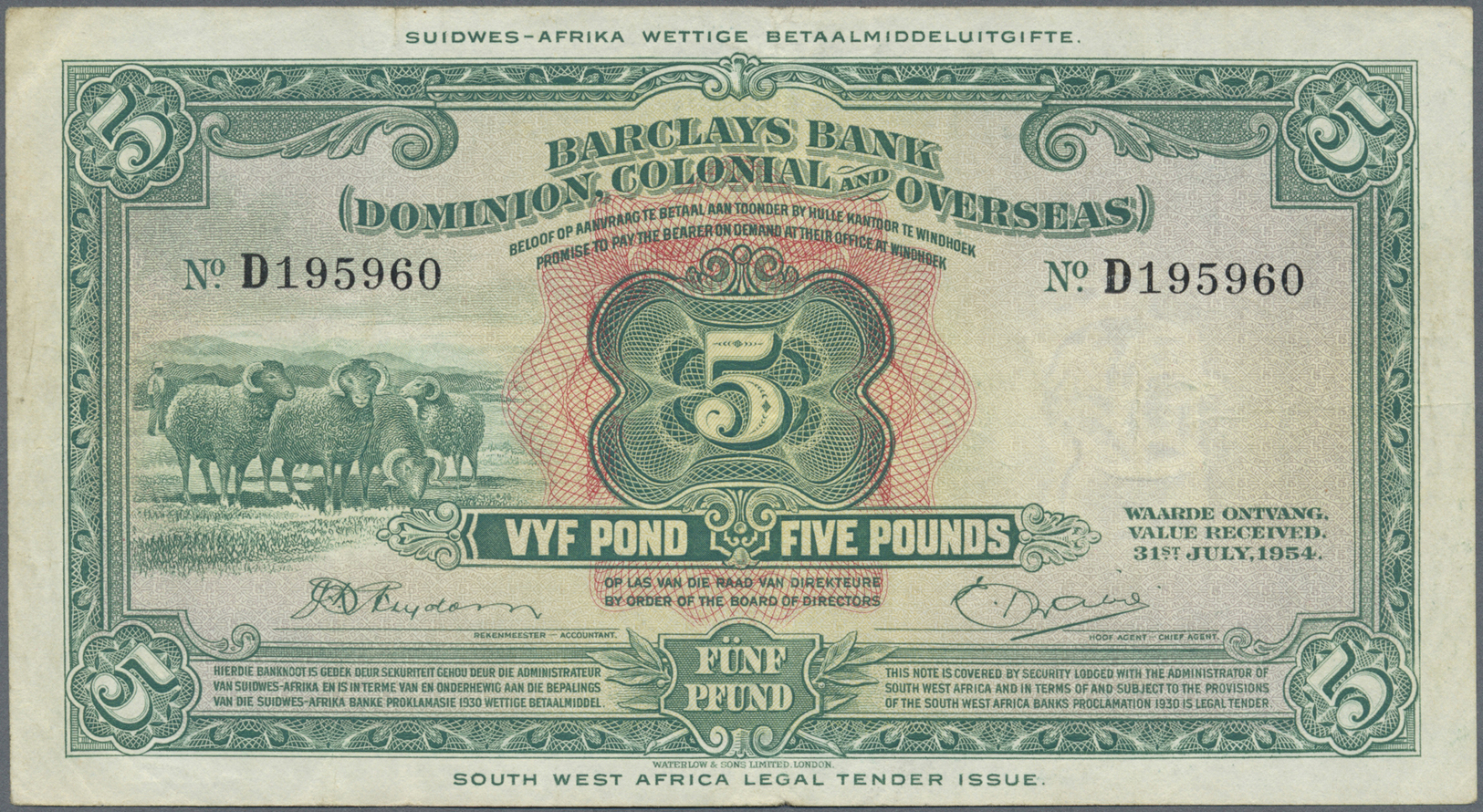 02976 Southwest Africa: 5 Pounds 1954 P. 3c, Seldom Offered Note, Used With Folds And Light Creases, No Holes Or Tears, - Namibie