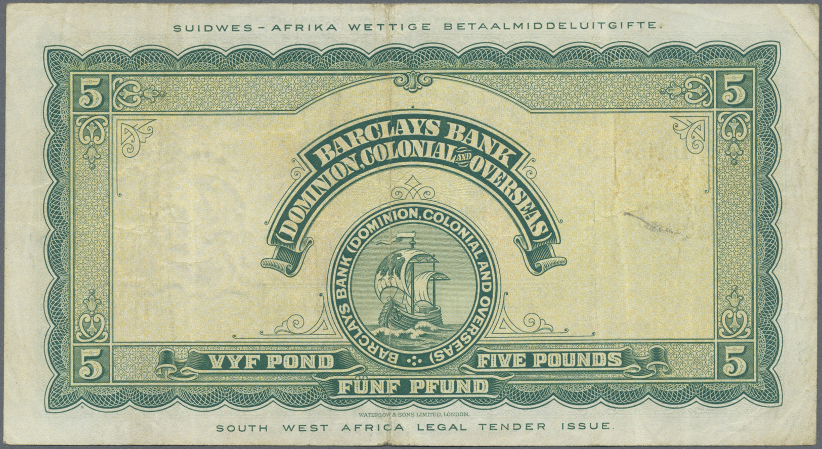 02976 Southwest Africa: 5 Pounds 1954 P. 3c, Seldom Offered Note, Used With Folds And Light Creases, No Holes Or Tears, - Namibie