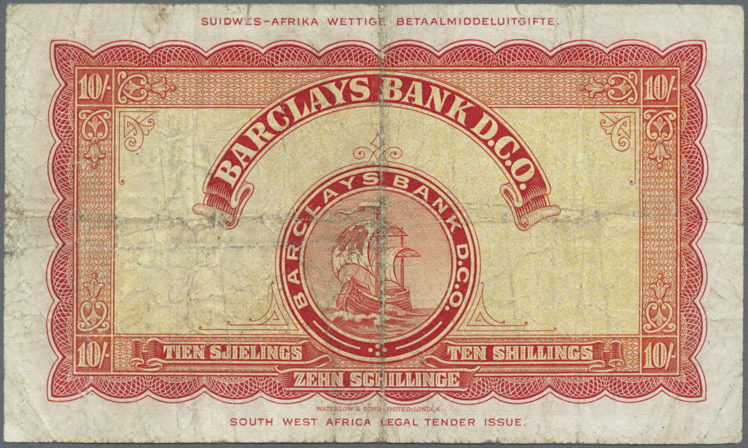 02977 Southwest Africa: 10 Shillings 1954 P. 4a, Stonger Folds In Paper, A Minor Split At Right Border, Stain In Paper, - Namibie
