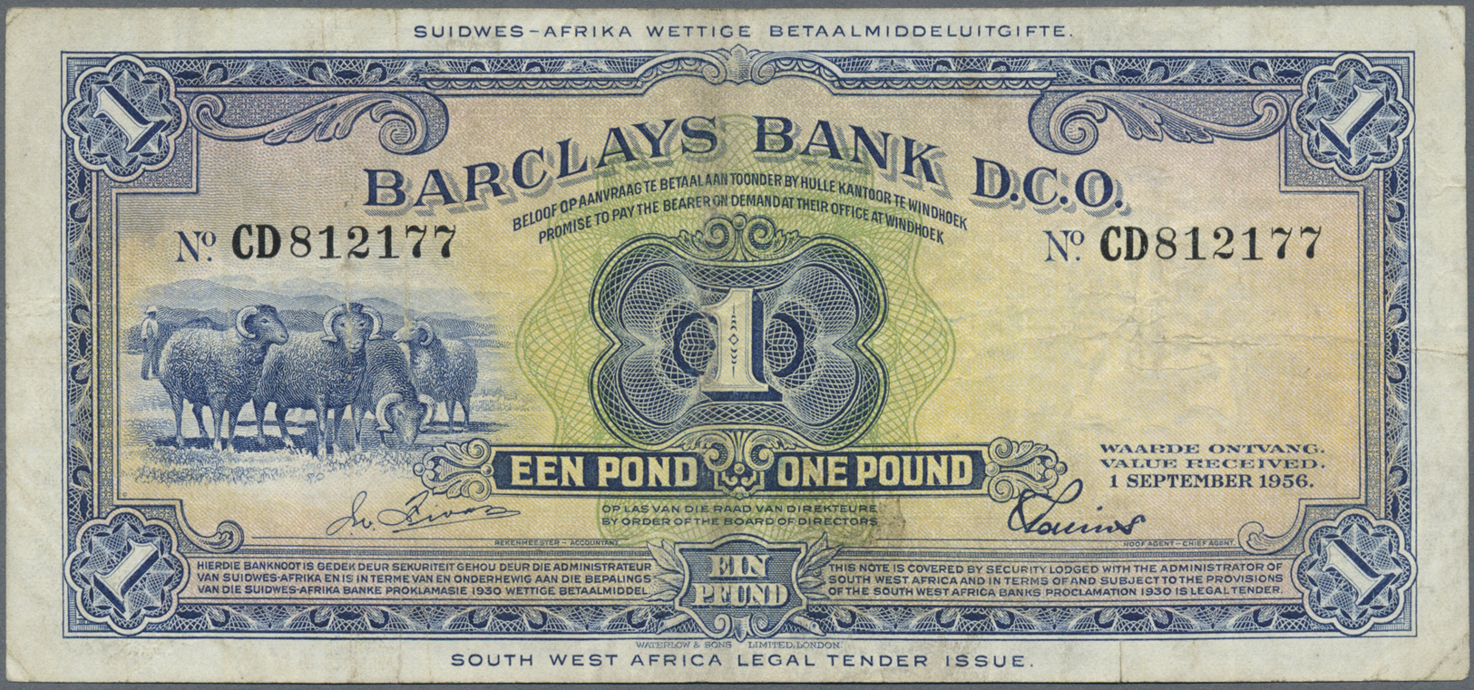 02978 Southwest Africa: 1 Pound 1956 P. 5a In Used Condition With Several Folds And Creases, Light Stain At Center Fold - Namibie