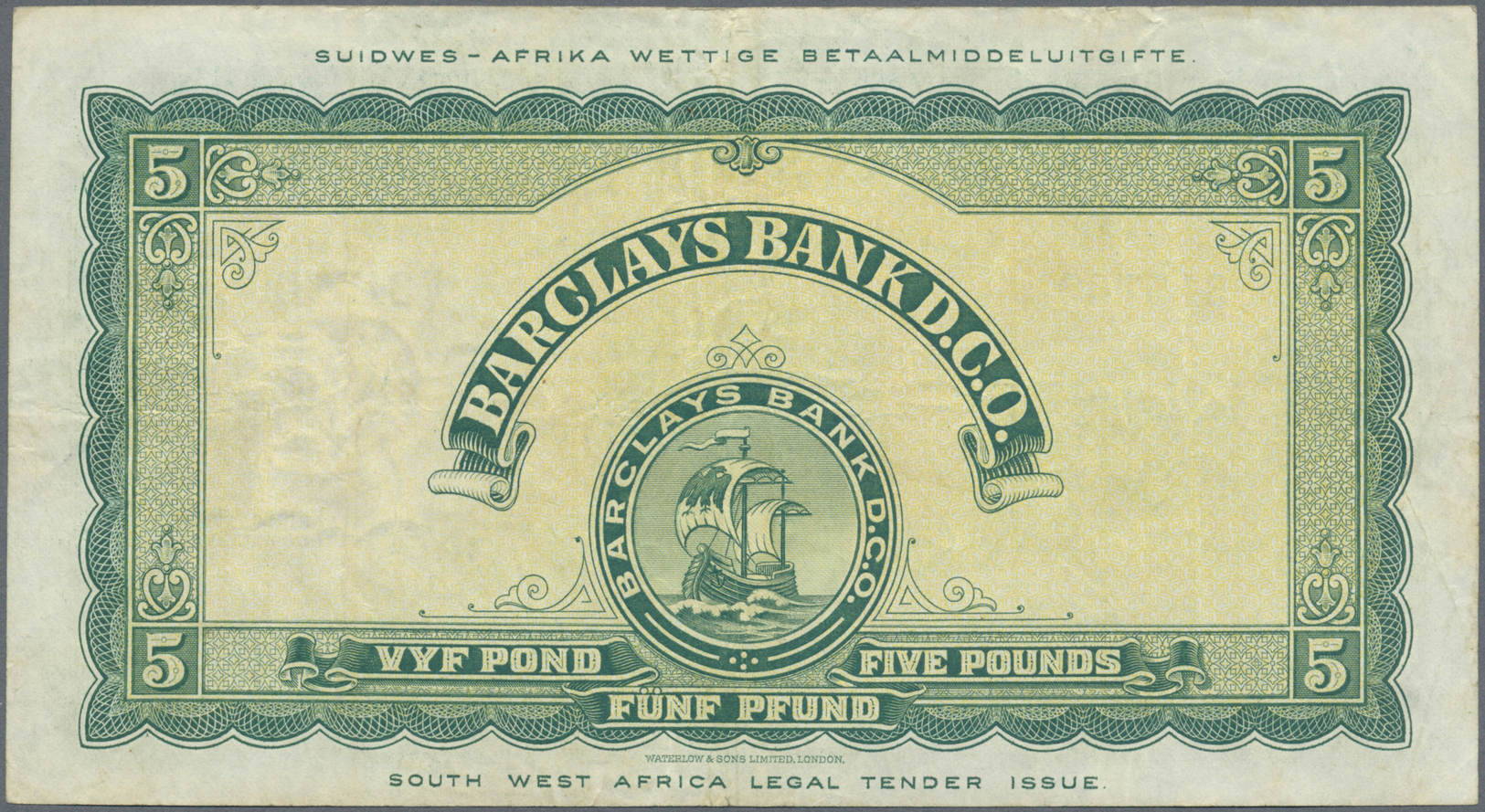 02980 Southwest Africa: 5 Pounds 1958 P. 6b, Rarer Denomination, Used With Folds And Light Creases, No Holes Or Tears, N - Namibie