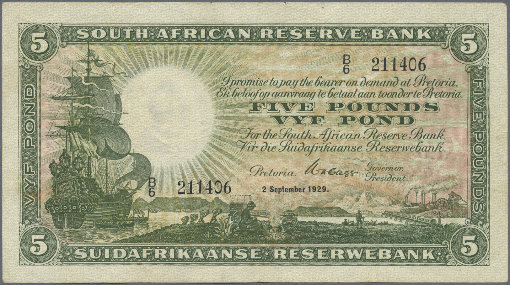 02982 Southwest Africa: 5 Pounds 1929 P. 86a, Used With Folds, No Holes, Still Strong Paper, Nice Colors, Condition: F+ - Namibie