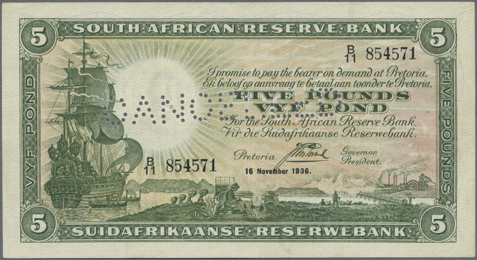 02984 Southwest Africa: 5 Pounds 1936 P. 86b, Only Light Folds In Paper, No Holes Or Tears, Still Crisp And Nice Colors, - Namibie