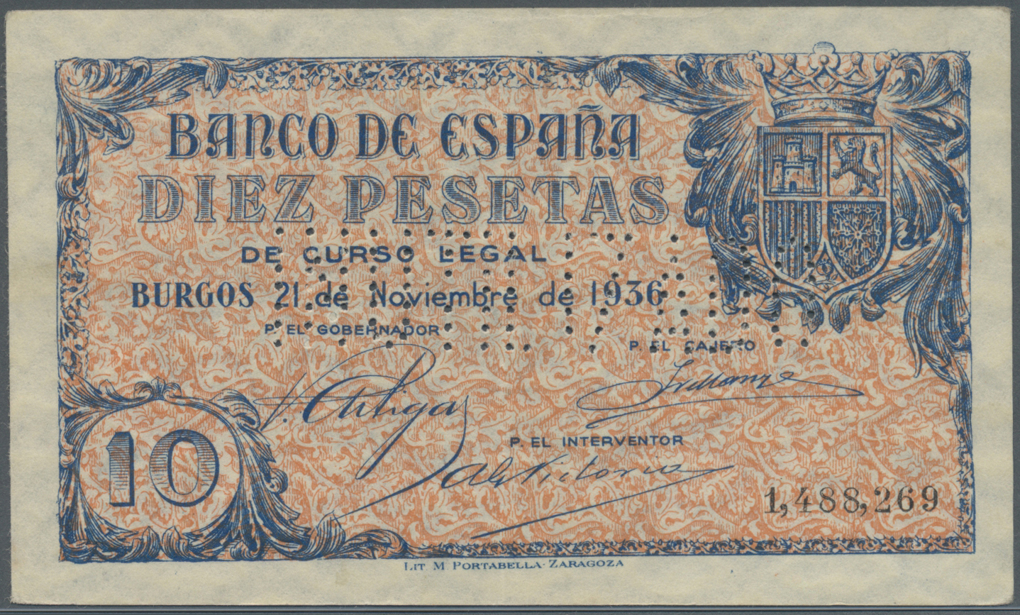 02985 Spain / Spanien: 10 Pesetas 1936 With Cancellation "inutilizado", Regular Serial Number, P. 98s, Light Center Fold - Autres & Non Classés