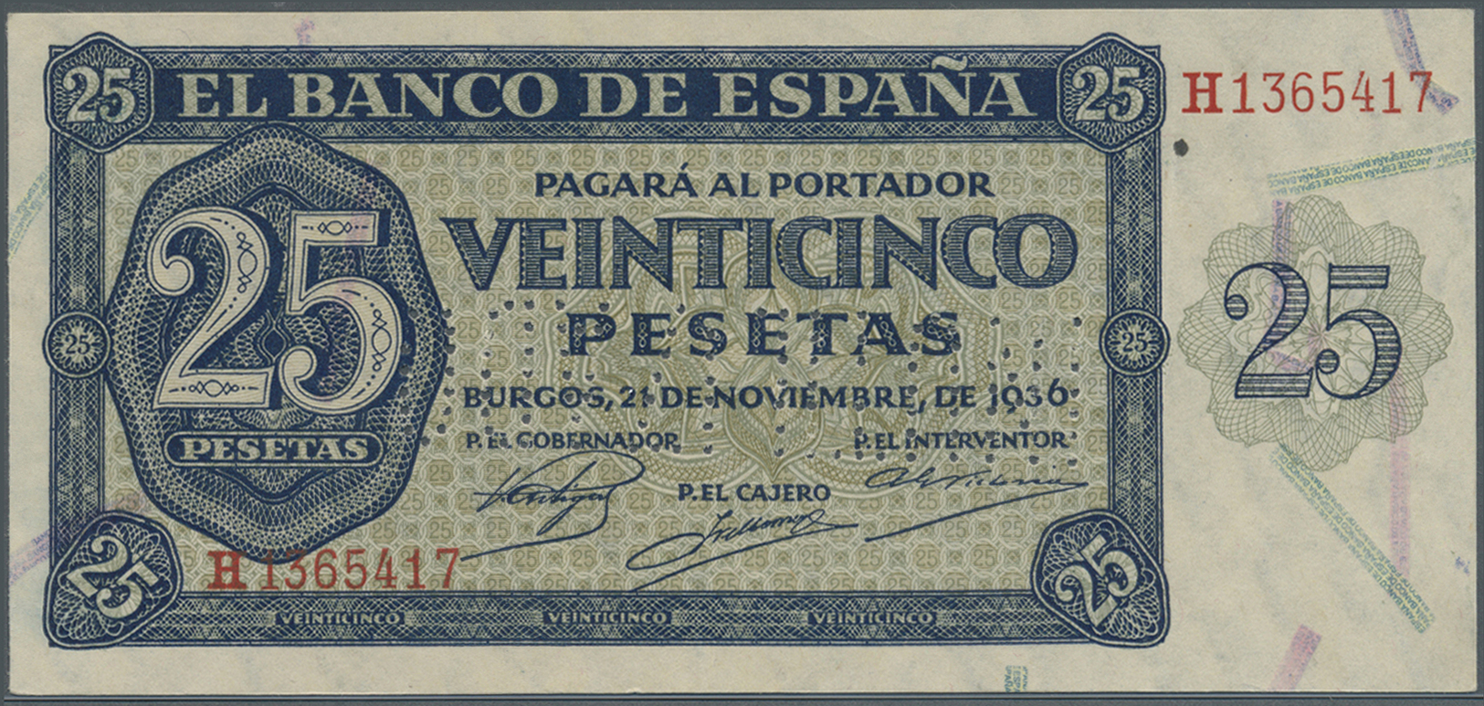 02986 Spain / Spanien: 25 Pesetas 1936 With Cancellation "inutilizado", Regular Serial Number, P. 99s, One Light Vertica - Autres & Non Classés