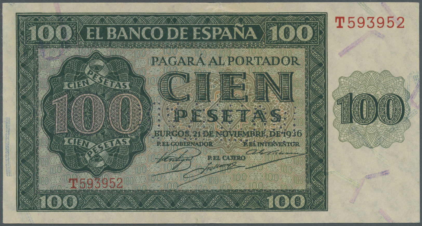 02988 Spain / Spanien: 100 Pesetas 1936 With Cancellation "inutilizado", Regular Serial Number, P. 101s, In Condition: U - Autres & Non Classés