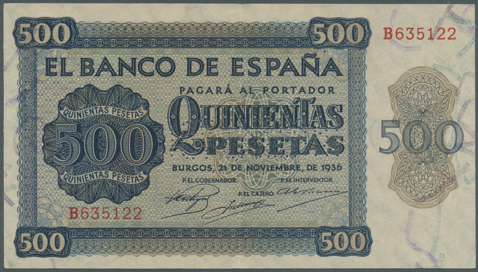 02989 Spain / Spanien: 500 Pesetas 1936 With Cancellation Perforation P. 102s, Regular Serial Number, Vertical Fold, Lig - Autres & Non Classés