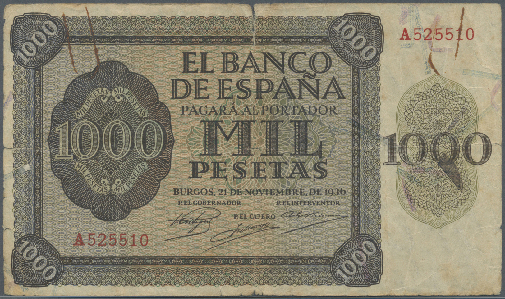 02990 Spain / Spanien: 1000 Pesetas 1936, Burgos, P.103, Seldom Offered Note In Well Worn Condition With A Number Of Lar - Autres & Non Classés