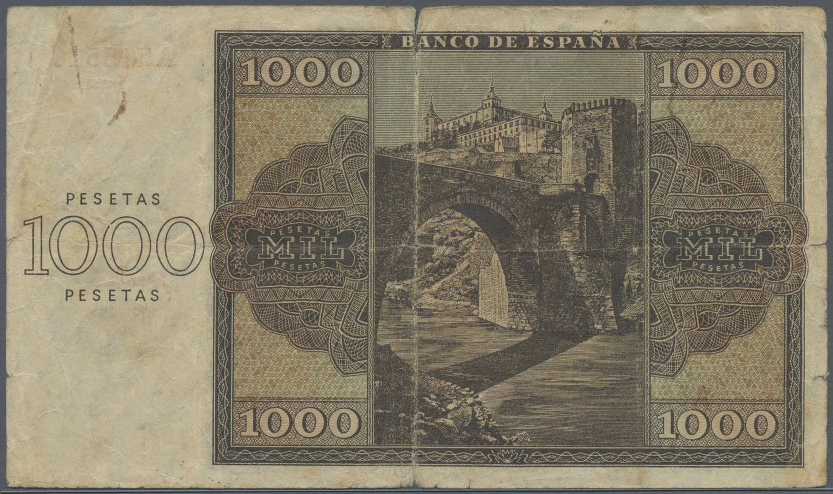 02990 Spain / Spanien: 1000 Pesetas 1936, Burgos, P.103, Seldom Offered Note In Well Worn Condition With A Number Of Lar - Autres & Non Classés