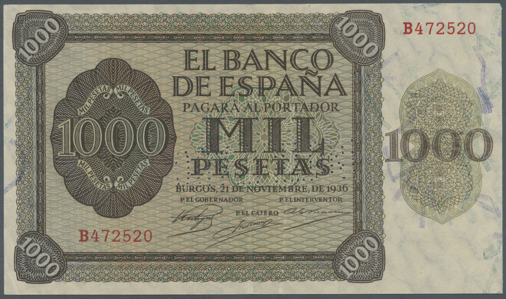 02991 Spain / Spanien: 1000 Pesetas 1936 With Cancellation Perforation P. 103s, Regular Serial Number, Vertical Folds, C - Autres & Non Classés