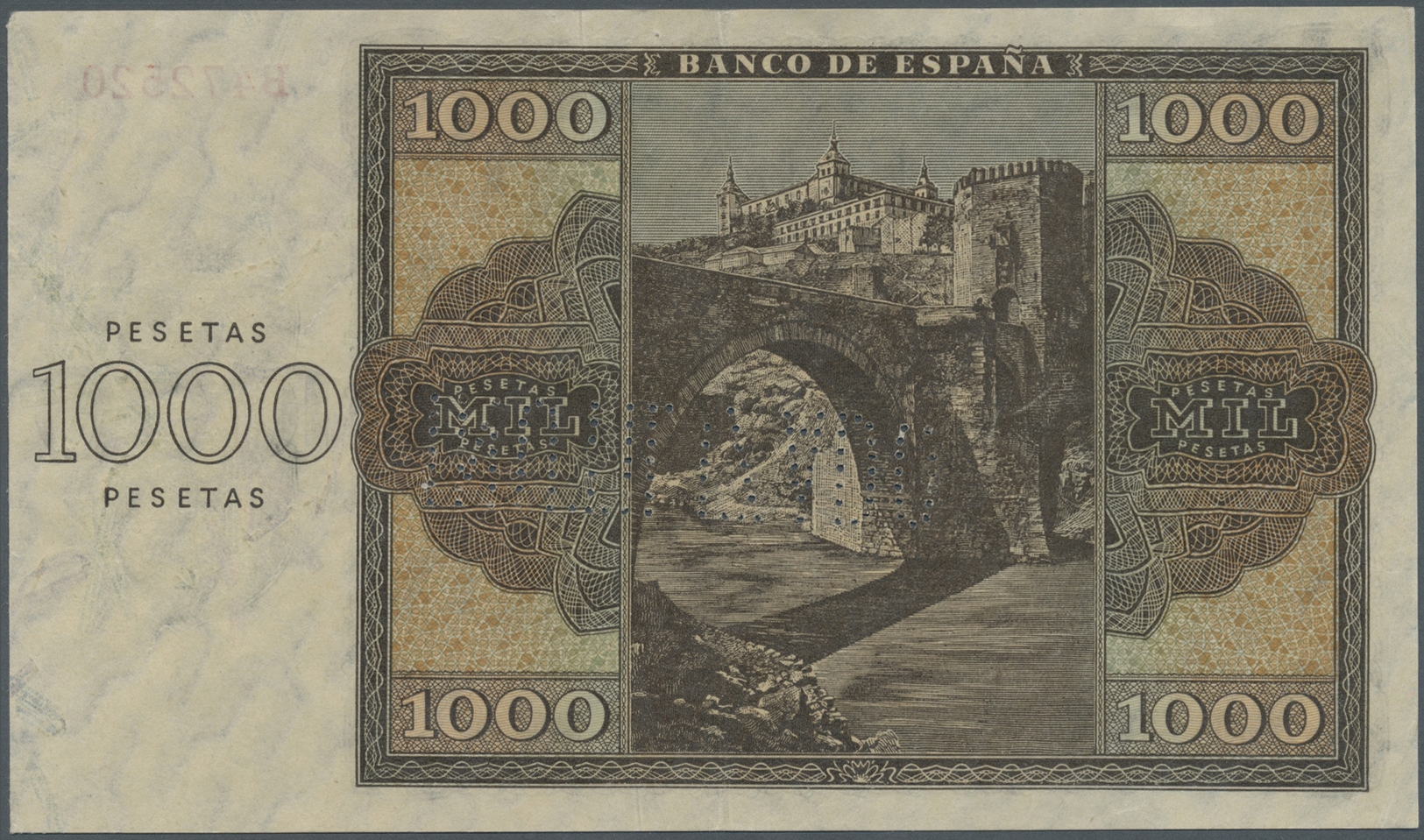 02991 Spain / Spanien: 1000 Pesetas 1936 With Cancellation Perforation P. 103s, Regular Serial Number, Vertical Folds, C - Autres & Non Classés