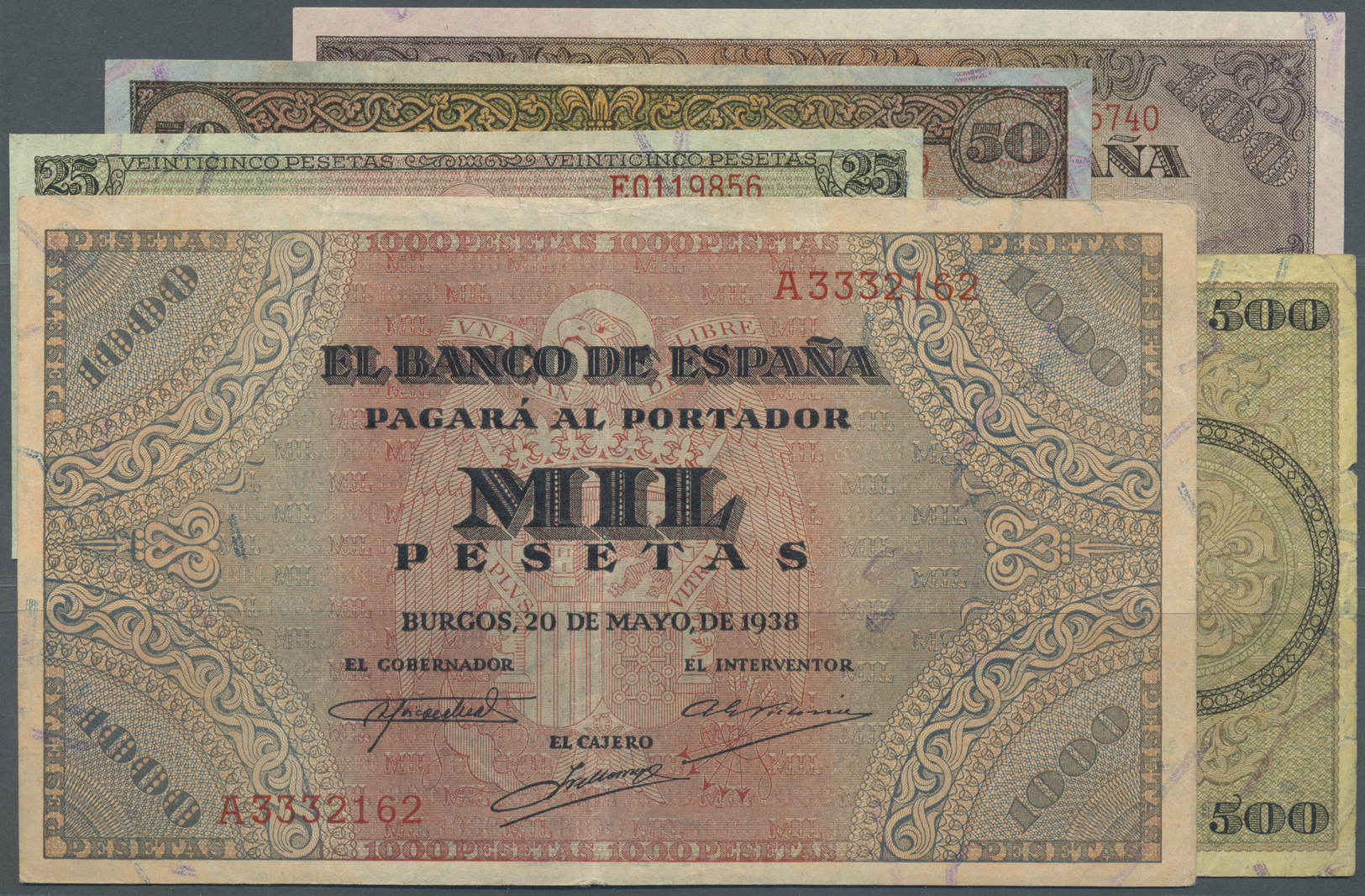 02992 Spain / Spanien: Set Of 5 Notes Containing 25 Pesetas 1938 P. 111 (VF), 50 Pesetas 1938 P. 112 (VF), 100 Pesetas 1 - Autres & Non Classés