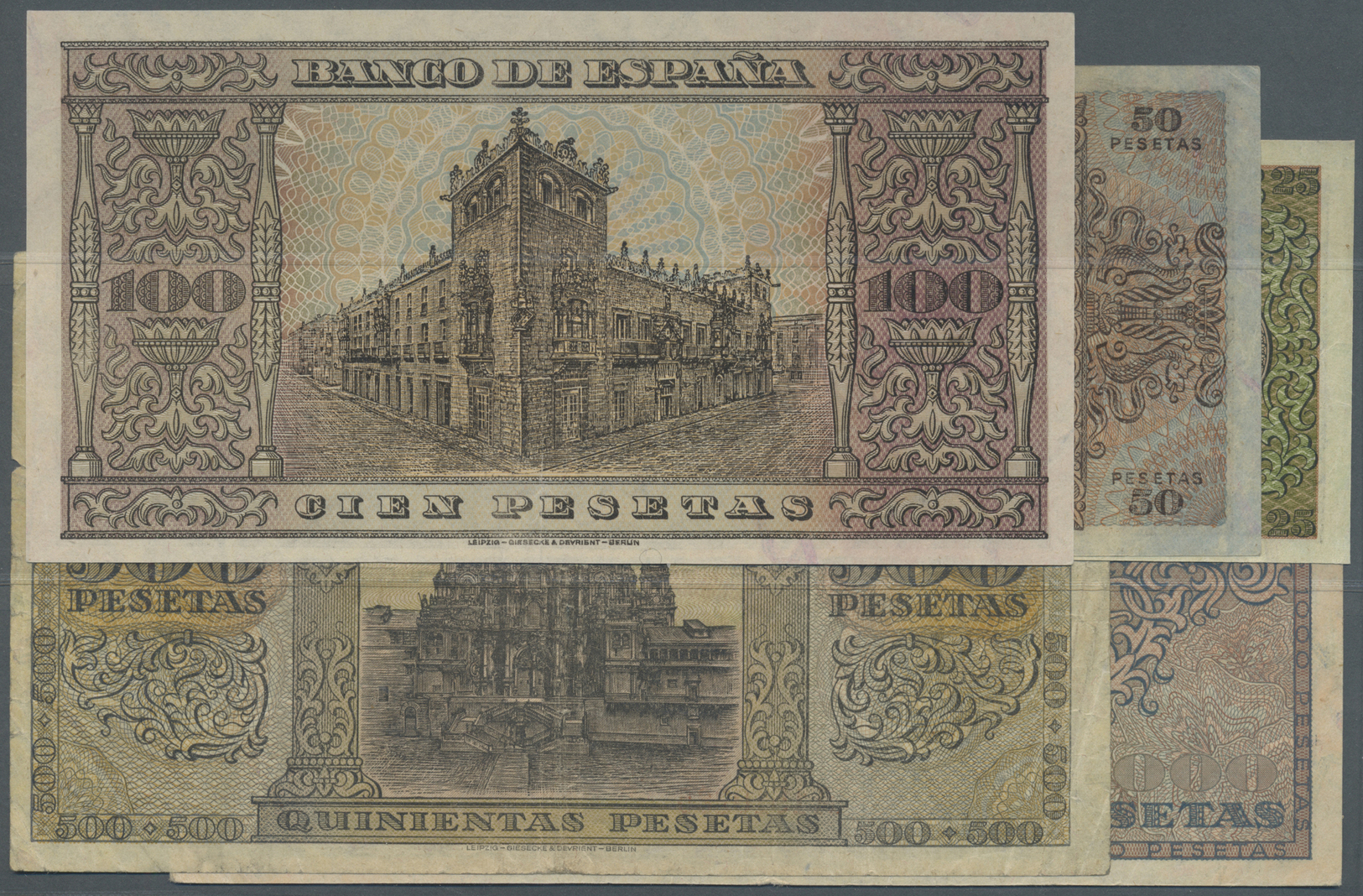 02992 Spain / Spanien: Set Of 5 Notes Containing 25 Pesetas 1938 P. 111 (VF), 50 Pesetas 1938 P. 112 (VF), 100 Pesetas 1 - Autres & Non Classés