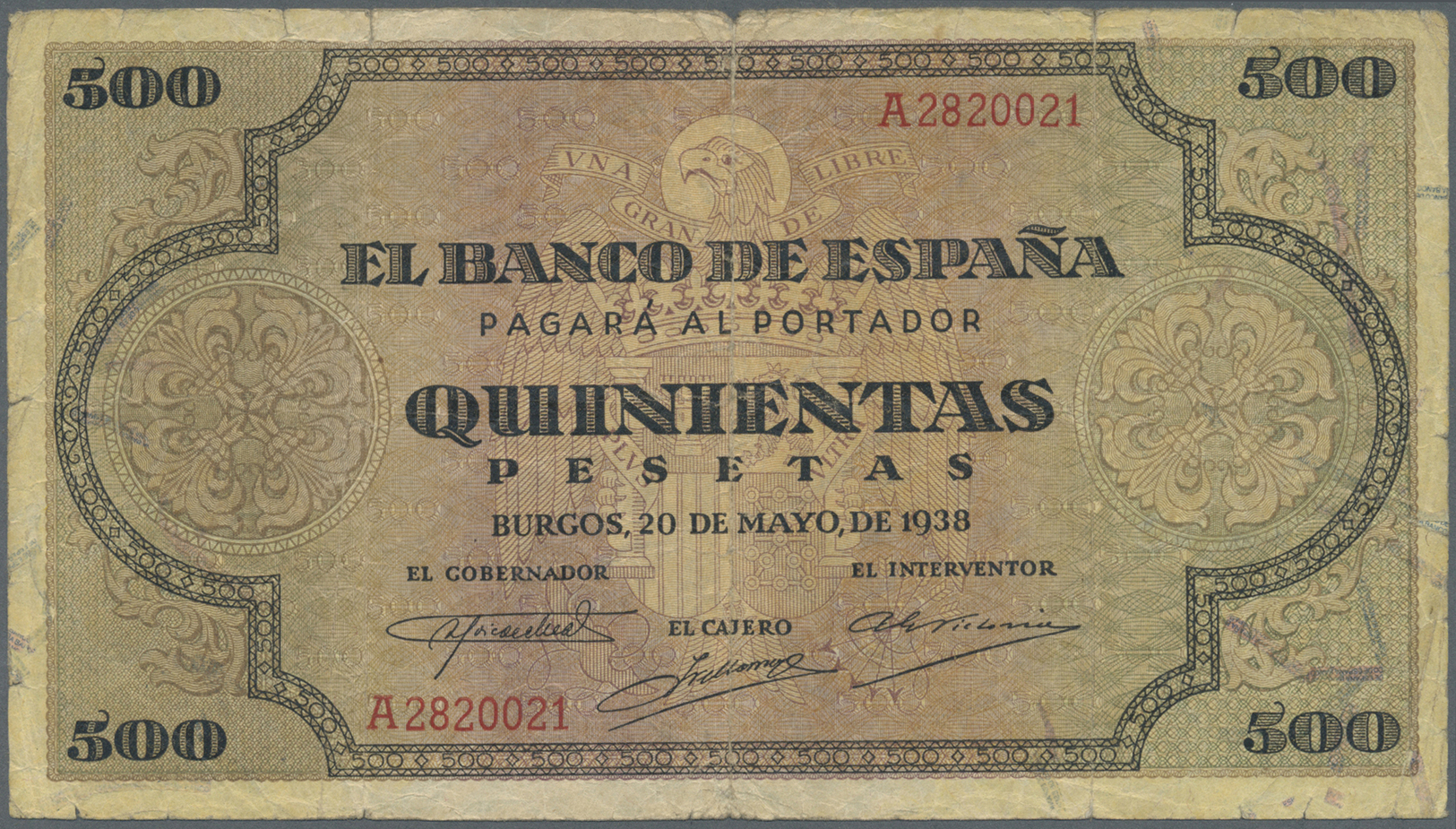 02994 Spain / Spanien: 500 Pesetas 1938 P. 114a, Stronger Used With Strong Center Fold, 2 Other Vertical Folds, Handling - Autres & Non Classés