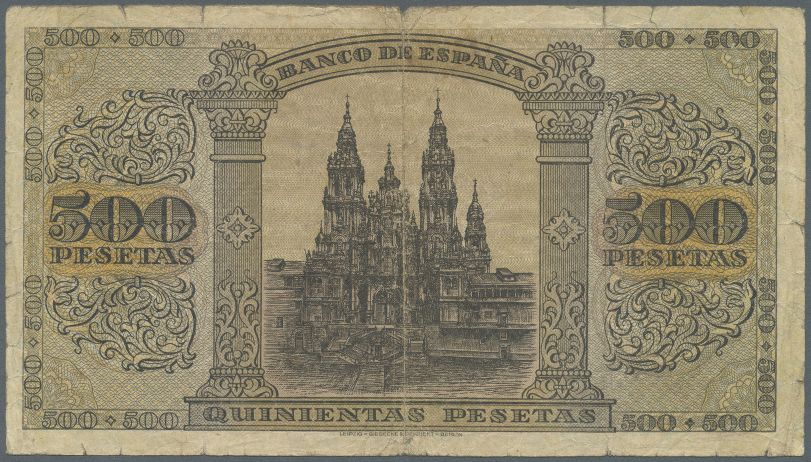 02994 Spain / Spanien: 500 Pesetas 1938 P. 114a, Stronger Used With Strong Center Fold, 2 Other Vertical Folds, Handling - Autres & Non Classés