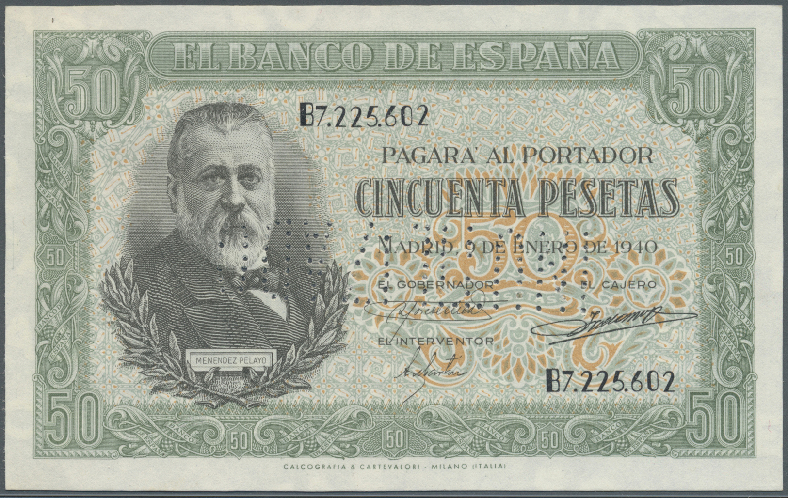 02996 Spain / Spanien: 50 Pesetas 1940 Specimen P. 117s, With Cancellation Perforation, Regular Serial Number, Light Tra - Autres & Non Classés