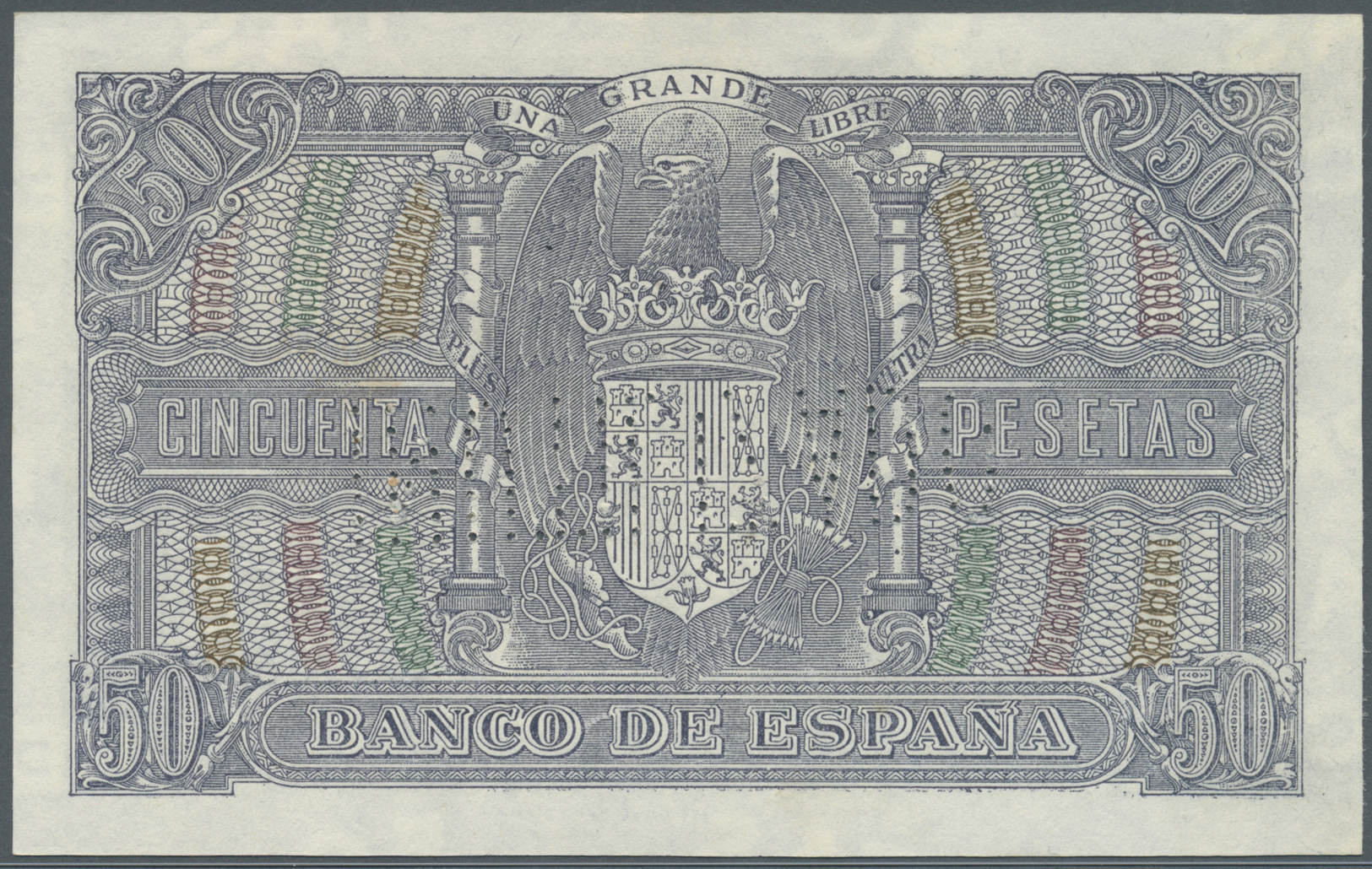 02996 Spain / Spanien: 50 Pesetas 1940 Specimen P. 117s, With Cancellation Perforation, Regular Serial Number, Light Tra - Autres & Non Classés