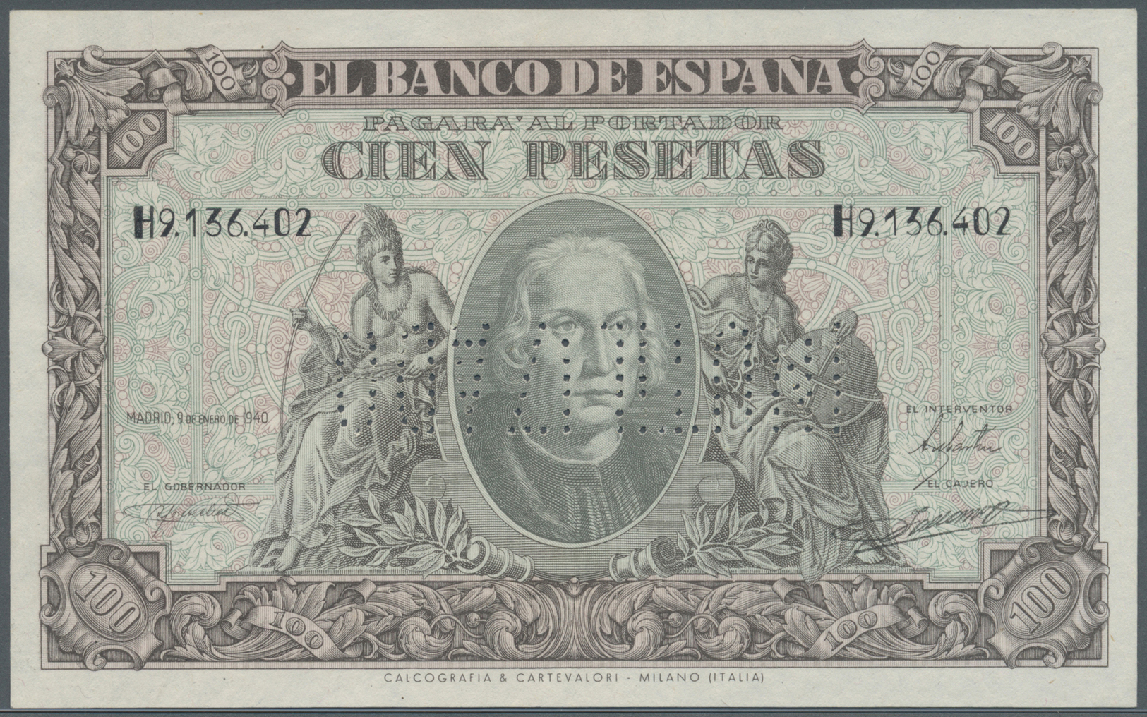 02997 Spain / Spanien: 100 Pesetas 1940 Specimen P. 118s, Cancellation Perforation, Regular Serial Number, Condition: UN - Other & Unclassified