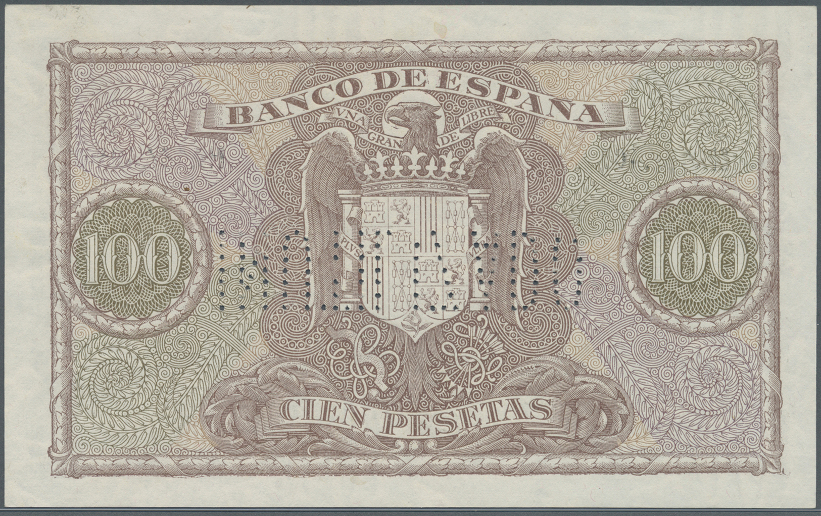 02997 Spain / Spanien: 100 Pesetas 1940 Specimen P. 118s, Cancellation Perforation, Regular Serial Number, Condition: UN - Other & Unclassified