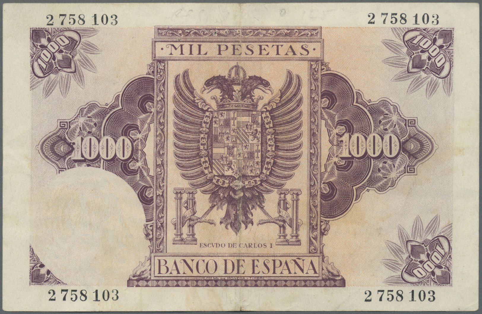 03003 Spain / Spanien: 1000 Pesetas 1940, P.125, Very Popular Note In Nice Condition With Vertical Fold At Center, Light - Autres & Non Classés