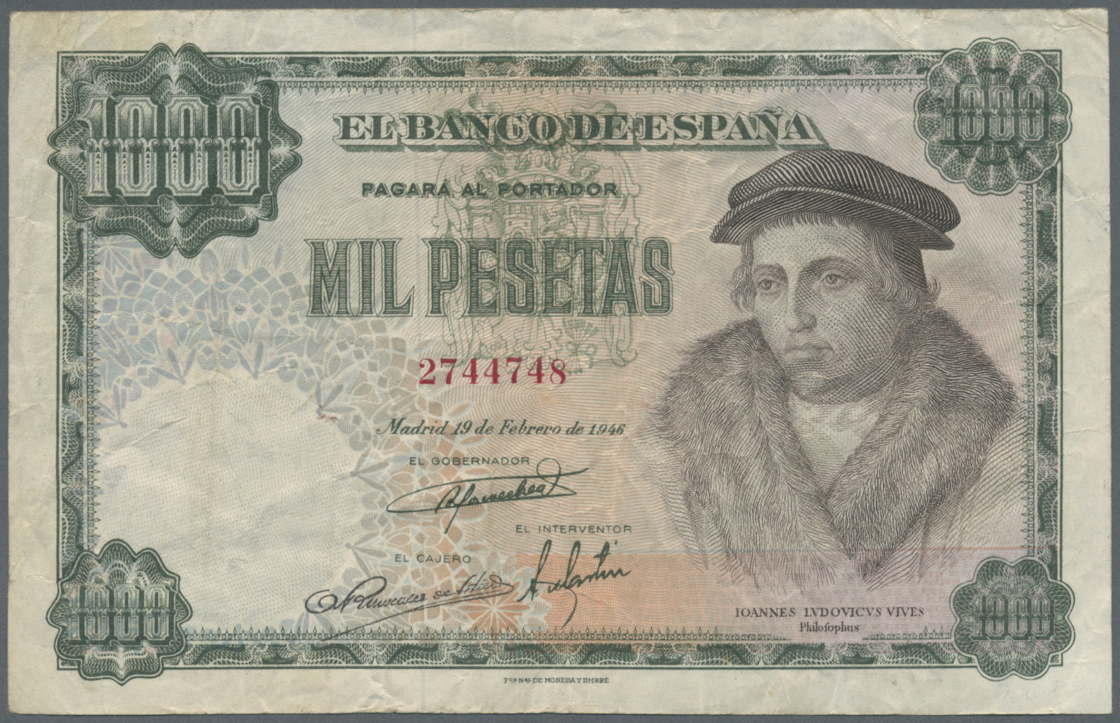 03005 Spain / Spanien: 1000 Pesetas 1946 P. 133a, Used With Folds, No Holes Or Tears, Still Crispness In Paper Nad Origi - Autres & Non Classés