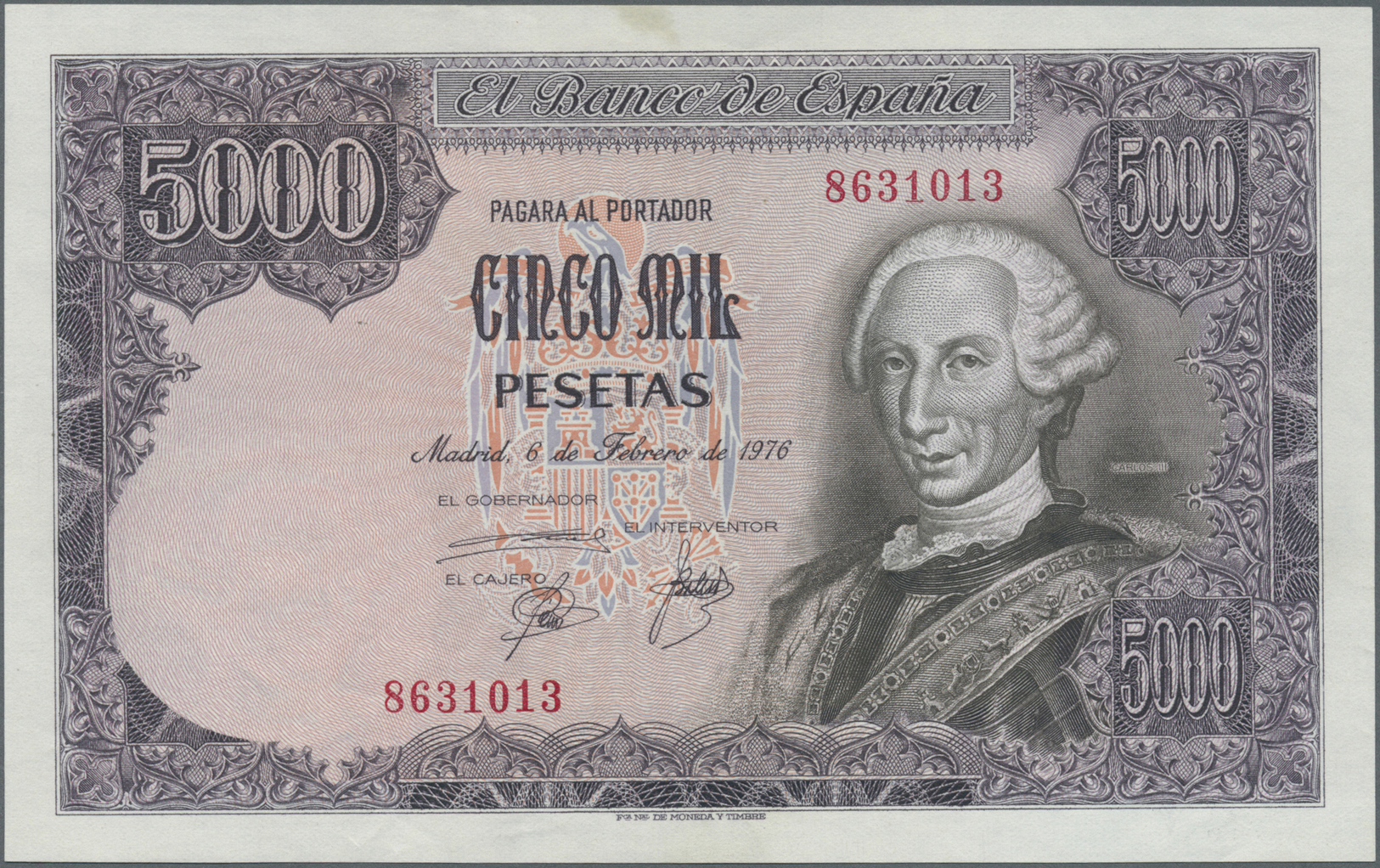 03008 Spain / Spanien: 5000 Pesetas 1976 P. 155, Only A Few Light Dints In Paper, Never Folded, Crisp Original Paper, Li - Autres & Non Classés